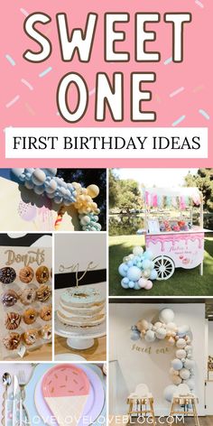 Collage of sweet one first birthday party ideas. Sweet One First Birthday Theme, Pink Lemonade Party, First Birthday Favors