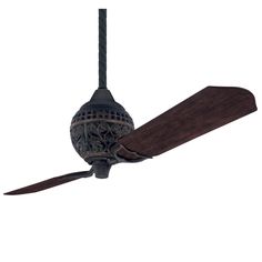 a ceiling fan that is hanging from the ceiling with a wooden blade and two dark brown blades