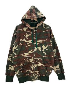 Pre owned, wear, fading front pocket is coming undone a bit. Underarm 22" Length 27" Camouflage Cotton Sweatshirt With Drawstring Hood, Camouflage Long Sleeve Cotton Hoodie, Camouflage Cotton Hoodie With Long Sleeves, Camouflage Cotton Hooded Sweatshirt, Vintage Green Hooded Hoodie, Retro Cotton Hoodie With Drawstring Hood, Retro Cotton Hooded Sweatshirt, Casual Camouflage Hoodie With Pockets, Vintage Cotton Hoodie With Pockets