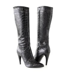 Guaranteed authentic Prada jet black crocodile knee high boot. Over the top fabulous with a sleek and timeless cut.Side zipper for easy access. Logo embossed zipper pull.final saleSIZE 37USA SIZE 7BOOT MEASURES:HEEL 1.25"TALL 7"LENGTH 10"CONDITION:MINT Crocs Boots, High Heel Boots Knee, Zipper Boots, Black Knees, Over The Top, High Heel Boots, Jet Black, Tennis Shoes, Knee High Boots