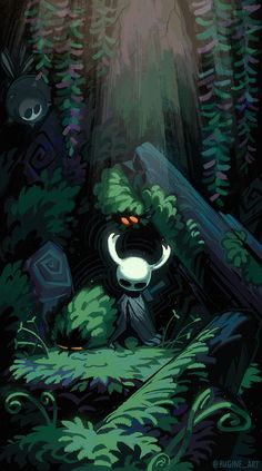 a cartoon character sitting in the middle of a forest surrounded by plants and trees with light coming from above