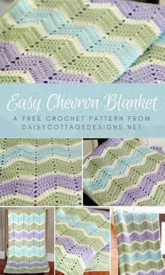 the easy chevron blanket is crocheted in blue, green and white