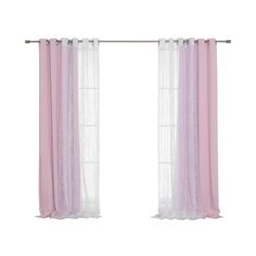 pink and white curtains hanging on a metal rod