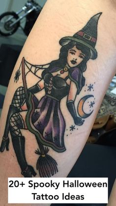 a woman with a witch hat and broom on her arm is holding a halloween tattoo