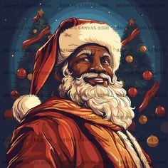 a painting of santa claus in front of a christmas tree