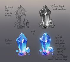 three different types of crystals are shown in this drawing lesson for beginners to learn how to draw them