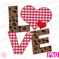 the word love is made up of leopard print and plaid fabric with a red heart