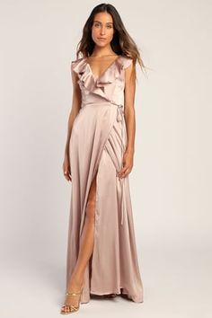 Blush Satin Maxi Dress - Chic Ruffled Maxi - Flutter Sleeve Gown - Lulus Satin Wrap Dress Nordstrom, Ruffle Bridesmaid Dress, Taupe Bridesmaid, Taupe Maxi Dress, Taupe Bridesmaid Dresses, Neutral Bridesmaid Dresses, Citrus Wedding, La Outfits, Gold Bridesmaid Dresses