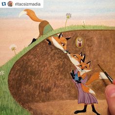 a drawing of two foxes kissing each other in front of a hole with an owl on it