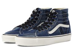 Vans Sk8-Hi Tapered - Shoes : Denim Embroidery Navy/White : Heritage skate style gets updated in a sleek, slender design with the Vans Sk8-Hi Tapered sneakers! A deconstructed version of the classic high-top skate shoes in a slimmed-down, fitted silhouette. Uppers of sturdy canvas with checkerboard print. Padded collar and footbed for added comfort, fit and superior shock absorption. Iconic sidestripe detail. Vulcanized construction: • Slimmed-down profile offers a flexible feel. • Gum rubber ou High-top Vans Sneakers With Vulcanized Sole, Vans Urban High-top Sneakers With Contrast Sole, Urban Vans High-top Sneakers With Contrast Sole, Vans High-top Sneakers With Branded Insole, Vans High-top Sneakers With Laces, Vans High-top Sneakers For Skateboarding With Contrast Sole, Vans High-top Sneakers With Contrast Sole For Skateboarding, Vans High-top Sneakers With Gum Sole, Vans High-top Sneakers With Rubber Sole For Streetwear