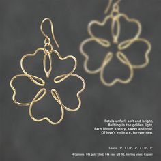 This unique flower earrings are handmade. I handwire the earrings  with just one piece of wire. The line is flowing and effortless. Free shipping for US customers. Perfect gift for any occasion. ;-) My contact number: 626-379-1904. Please contact me if you would like to order multiples or customize a design for your special event, I will be pleased to give you a discount on a quantity order. ;-) Purchases will be shipped within 1-3 business days. In case of occasional shortage of beads material, purchases will be shipped in a week. Packages are shipped via USPS first-class mail with delivery confirmation. We will e-mail the tracking number to you. ;-) If you are not happy with your purchase, please contact me by email within 5 days of receiving the item, I will offer a full refund if the i Gold Wire Wrapped Flower Earrings Gift, Wire Flower Earrings, Wire Flowers, Stencil Patterns, Unique Flower, Gold Filled Earrings, Unique Flowers, Beaded Material, Wire Art