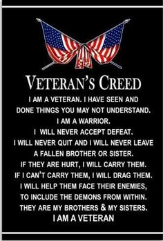 an american flag with the words veteran's creed