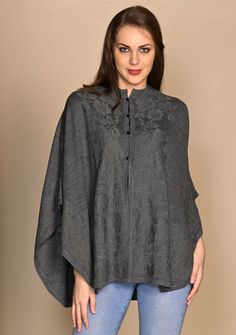 Dk. Grey Melange Knitted Fine Wool Collared Cape With Dk. Grey Floral Lace Applique Grey Floral, Fall Collections, Summer Collection, Occasion Wear, Neck Tie