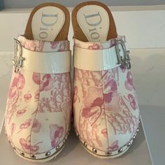 Pink And White Dior Clogs. Patent White Buckle Across The Top Of Shoe With Silver Dior Logo On Outside Of Each Shoe. Worn One Time Excellent Condition Except For A Few Small Spots On The Toes. Do Not Have Original Box Dior Clogs, Dior Logo, Dior Shoes, Pink And White, Clogs, Original Box, Dior, Buckle, Women Shoes