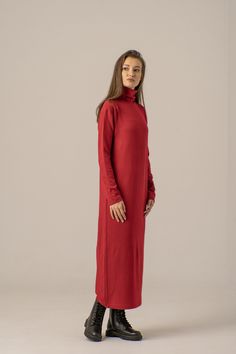 "Wool A-Line Dress, Turtleneck Long Dress, Red Maxi Dress ABOUT THE DRESS: Knitted Turtleneck Dress with long sleeves. The sweater dress will keep you looking stylish during the cold months. It is perfect for any occasion or for everyday use.  Enjoy the comfortable and trendy minimalist dress. *COMPOSITION* Wool, Аrylic *CARE* Gentle hand wash 30oC The dress's color on the original photos is in Green.  Model is wearing size S. She is 5'9\"/170 cm tall. This piece is available in sizes from XS, S Woolen Dress, Festive Dress, Knitted Turtleneck, Minimalist Dress, Red Maxi Dress, Valentine Dress, Long Red Dress, Turtleneck Dress, Red Maxi