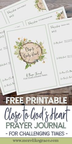 three printables for the bible's heart prayer journal on a wooden table