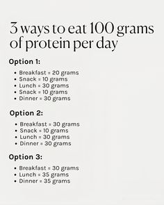 an advertisement for the 5 ways to eat 100 grains of protein per day on a white background