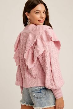 -Available in Lilac Pink & Jade -Mock neck -Double layered ruffle shoulder -Long sleeves -Cable detail -Ribbed on neck, cuffs and hem -Content: 50% Viscose 28% Polyester 22% Nylon -Hand wash/ Line dry -Imported -Runs true to size -Model is 5' 9" 34-24-35 and wearing a size Small Chic Sweater With Ruffles For Layering, Chic Ruffled Sweater For Layering, Feminine Long Sleeve Ruffled Sweater, Pink Winter Sweater With Ruffles, Pink Ruffled Winter Sweater, Pink Knit Sweater With Ruffles, Pink Ruffled Sweater For Winter, Lilac Pink, Warm Fuzzies