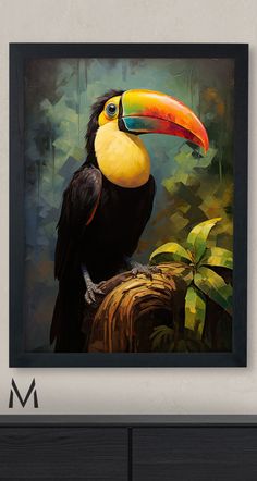 a painting of a toucan sitting on top of a tree branch in the forest