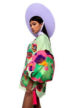 Luxurious Pistachio Pansies Women's Mini Caftan Yuliya Magdych Traditional Floral Print Kaftan For Spring, Traditional Floral Print Spring Kaftan, Folk Style Multicolor Kimono For Spring, Traditional Ikat Print Kaftan For Summer, Vibrant Kaftan With Kimono Sleeves For Spring, Folk Style Kaftan For Beach In Spring, Folk Style Kaftan For Beach And Spring, Multicolor Folk Kaftan For Vacation, Multicolor Linen Dress For Vacation