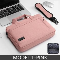 a pink laptop bag sitting on top of a white desk