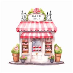 a watercolor drawing of a cake shop with cupcakes and flowers on display