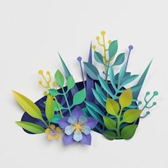 paper cut flowers and leaves on white background with clipping area for text or image