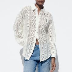 Zara Combination Crochet Shirt In Ecru | Size M | Brand New With Tags, Originally $49.90. Off White Button-up Top For Summer, Chic White Zara Shirt, Off White Button-up Spring Top, Off White Button-up Top For Spring, Cream Shirt For Spring Day Out, Cream Zara Top For Brunch, Chic Off White Zara Tops, White Feminine Shirt For Day Out, Feminine White Shirt For Day Out