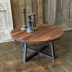 Round Industrial Coffee Table Pictured in Reclaimed Oak/ Textured & Blackened Metal Round Industrial Coffee Table, Round Coffee Table Rustic, Round Wood Coffee Table, Industrial Coffee, Reclaimed Wood Coffee Table, Coffee Table Legs, Industrial Coffee Table, Solid Wood Coffee Table, Solid Wood Dining Table