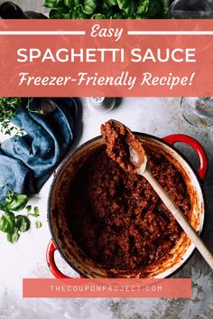 an easy spaghetti sauce recipe in a red pot with a wooden spoon on the side