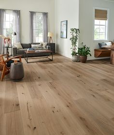 a living room filled with furniture and wooden flooring next to two windows on either side of the wall