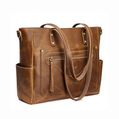 FEATURES Durable Tote Bag: Made of Premium cow leather, 100% genuine leather Large Laptop Bag: Fits up to 15.6 Laptop Handmade Leather Tote: TRIPLE REINFORCED stitching &nail handles, 4 metal rivets under bottom, bronze tone rustproof hardware Size: L x H xW : 16.92"(Upper L) x 14.17" (Bottom L) x 3.93"(W) x 11.81"(H), fits up to 15.6" LAPTOP Weight: 2.97lbs/1.35kg Top handle straps drop: 11.81"/30cm Long shoulder strap drop: 31.5-57.48"/80-146cm Multi-pockets Design: 12 pockets - 5 Exterior Poc Leather Travel Bag With Metal Hardware, Rectangular Leather Bag With Metal Hardware, Leather Tote Bag With Metal Hardware, Brown Bags With Brass Hardware And Double Handle, Brown Tote Shoulder Bag With Metal Hardware, Brown Office Bag With Brass Hardware, Brown Satchel With Metal Hardware For Everyday Use, Cognac Leather Bag With Brass Hardware, Leather Satchel With Brass Hardware And Double Handle