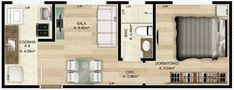 the floor plan for a small apartment with two beds and one living room in it