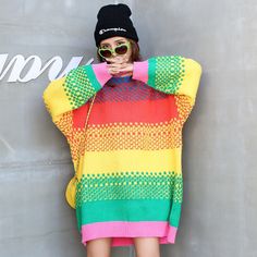 Rainbow Colorful Oversized Knitted Pullover - Kuru Store Casual Multicolor Long Sleeve Sweater, Multicolor Long Sleeve Casual Sweater, Trendy Colorful Sweater For Fall, Casual Long Sleeve Sweater With Color Matching, Trendy Oversized Color Block Sweater, Green Crew Neck Sweater With Color Matching, Trendy Multicolor Winter Sweater, Playful Long Sleeve Sweater For Fall, Long Sleeve Rainbow Sweater For Spring