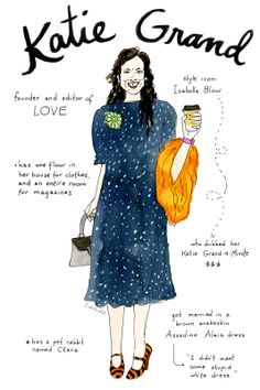 a woman in a blue dress is holding a coffee cup and an orange bag with the words kate grand on it