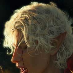 a woman with white hair and blood on her face