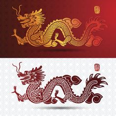 two chinese dragon symbols on white and red background