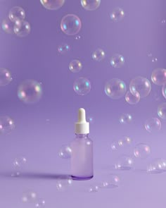 an empty bottle with soap bubbles floating around it on a purple background that appears to be in the air