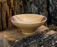 a wooden bowl sitting on top of a tree stump