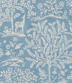 a blue wallpaper with white trees and animals