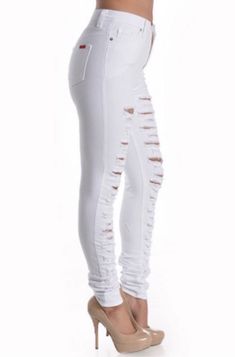 These cute skinny distressed jeans are a must-have. It features a ripped-distressed look with a button and zip-up closure. Has some stretch Material: 98% Cotton 2% Spandex Trendy White Ripped Jeans, White Distressed Fitted Jeans, Trendy White Distressed Jeans, Distressed White Jeans For Fall, White Distressed Jeans For Fall, Ripped Fitted Jeggings For Fall, White Stretch Ripped Jeans, Edgy Fitted White Jeans, Edgy White Fitted Jeans