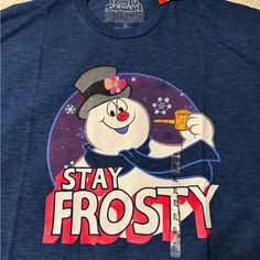 Kmart Tag. Never Worn Brand New Women’s Xl. Ptp And Length In Photos Frost The Snowman, Stay Frosty, Frosty The Snowman, Shirt Stays, Frosty The Snowmen, The Snowman, Holiday Colors, Blue T Shirt, Blue Tshirt