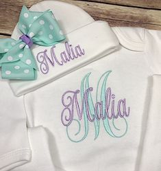 "How cute is the Newborn Baby Girl Outfit? It is the perfect baby shower gift or coming home outfit. A personalized baby outfit is always something the proud parents will cherish! The COMPLETE SET includes the bodysuit and pants, beanie hat & bow, bib and burp cloth to make an entire matching set. All items are high quality interlock knit and available in sizes 0-3 and 3-6 month. The 0-3 month will fit a newborn. A FREE matching BOW is included if a 3 or 4 piece set is purchased. The pants a Hospital Photos Newborn, Newborn Coming Home Outfit, Girl Coming Home Outfit, Baby Coming Home Outfit, Newborn Baby Girl Outfit, Girls Christmas Outfits, Personalized Newborn, Girls Coming Home Outfit