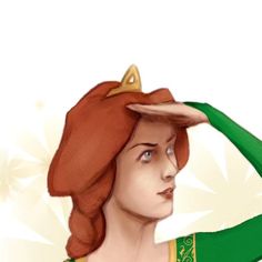 a digital painting of a woman wearing a green dress and gold trimmed hat with her hands on her head