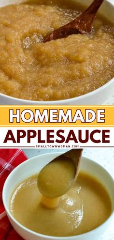 homemade apple sauce in a white bowl with spoon