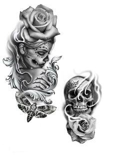 two tattoos with roses and skulls on them