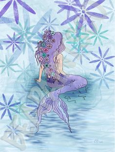 a drawing of a mermaid with flowers on her head sitting in the water and looking at something