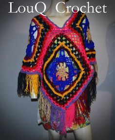 This fringed poncho is a handmade crocheted product using a variety of colours and styles of yarn and finished with multicoloured fringing. Poncho Au Crochet, Jeans With Heels, Ladies Poncho, Fringed Poncho, Crochet Poncho, Art Dress, Ponchos, Crochet Clothes, Handmade Shop