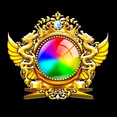 a golden frame with dragon wings and a rainbow ball in the center on a black background