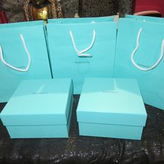 Tiffany & Co Signature Blue Gift Boxes, Shopping Bags & Ribbon 2 Gift Boxes 6.5 X 6.5 With Their Ribbons And 3 Shopping Bags 8 X 10 All Used Once (Home From The Store) (Measurements Are Approx/See Pics) Tiffany And Co Box, Tiffany Gifts, Color Block Tote Bag, Tiffany Box, Ceramic Accessory, Reversible Bag, Color Block Tote, Small Gift Bags, Blue And White Style